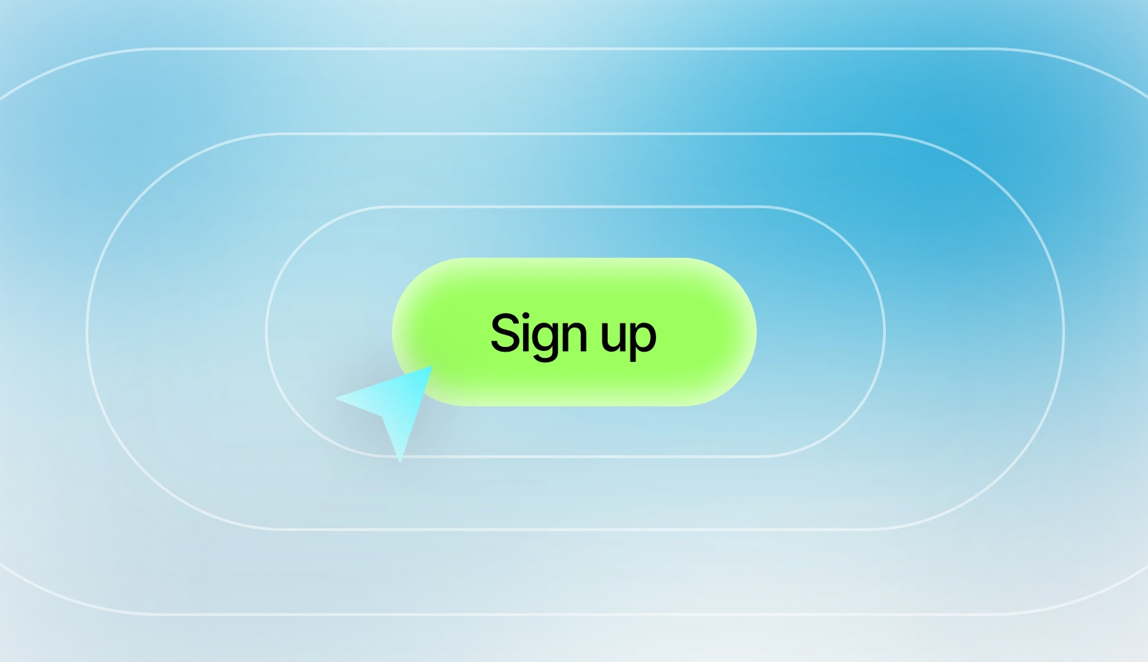 Green rounded button with 'Sign up' text and a blue cursor pointer on a blue gradient background with concentric rounded shapes.