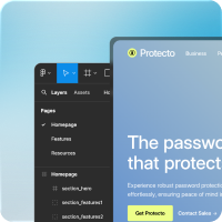 Partial screenshot of a web design tool showing a Protecto website with a password protection feature and a control panel on the left.