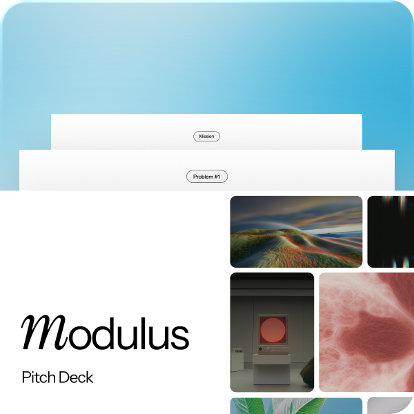 Pitch deck cover titled 'Modulus' with images of abstract landscapes, technology, and nature on a blue gradient background.