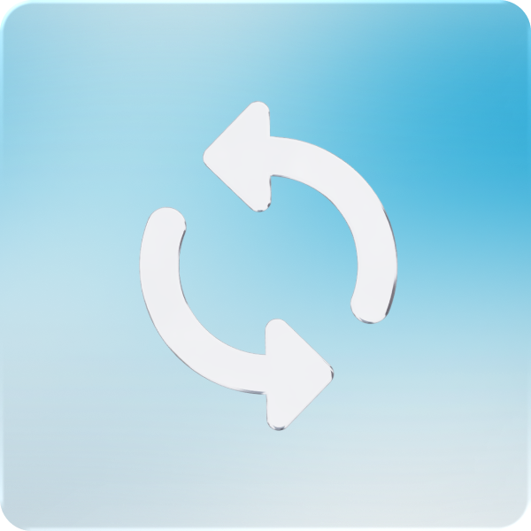 White refresh or sync icon with two curved arrows forming a circle on a blue gradient background.