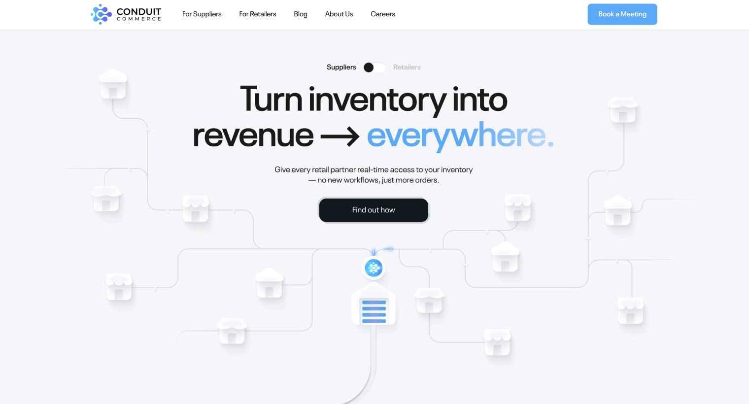 Homepage banner showing Conduit Commerce logo with headline 'Turn inventory into revenue everywhere' and a network of connected white store icons around a central document icon.