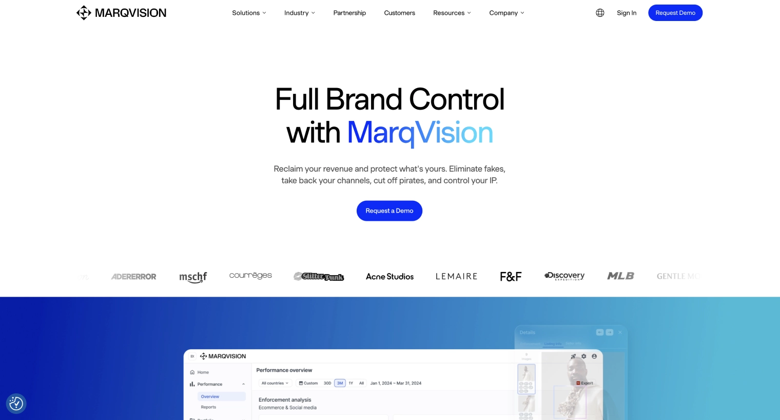 MarqVision website homepage showing the headline Full Brand Control with MarqVision, a Request a Demo button, and logos of various partner brands.