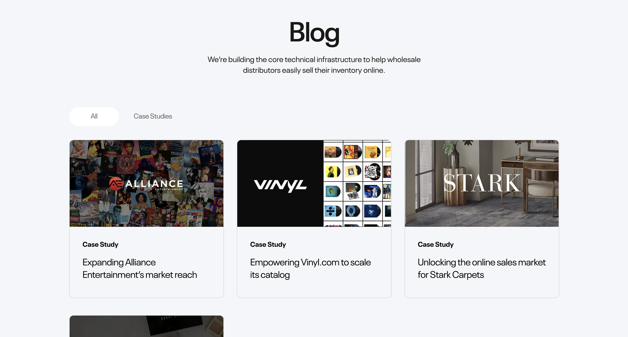 Blog page featuring three case studies: expanding Alliance Entertainment’s market reach, empowering Vinyl.com to scale its catalog, and unlocking the online sales market for Stark Carpets.