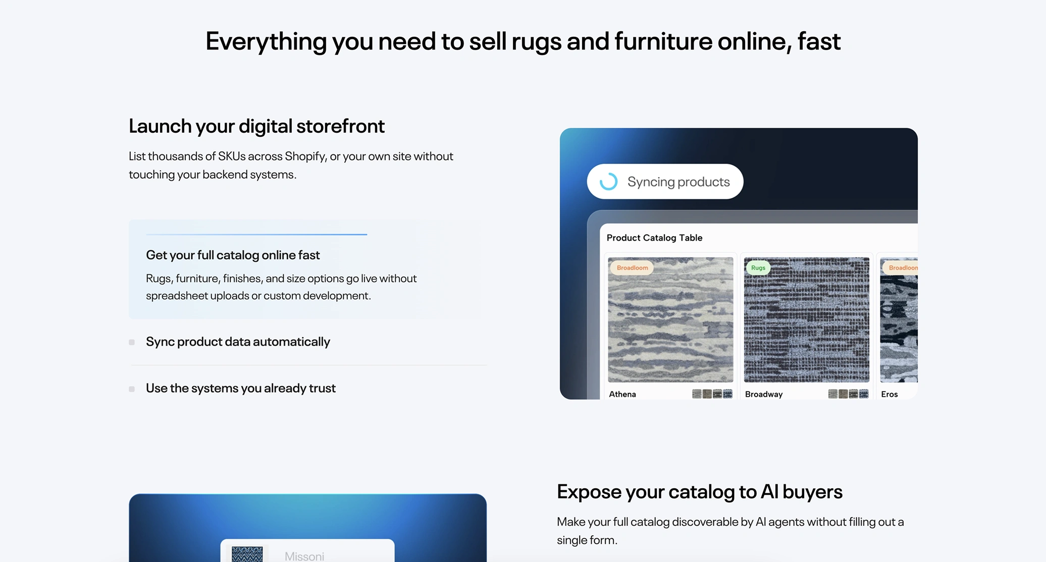 Screenshot of a webpage section with the headline 'Everything you need to sell rugs and furniture online, fast' featuring product catalog synchronization and digital storefront details.