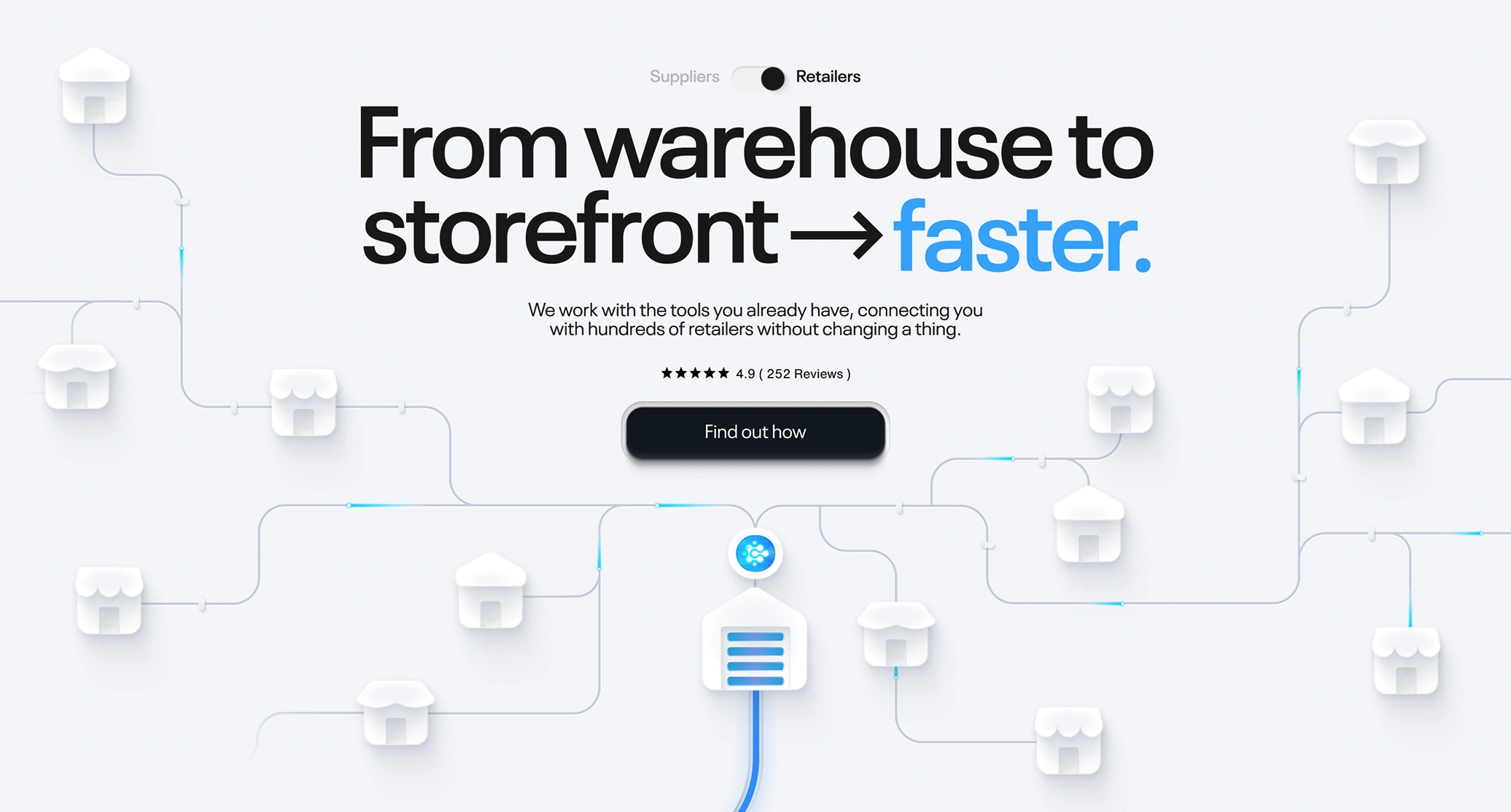 Diagram showing a central warehouse connected to multiple storefronts by network lines representing faster retail connections.