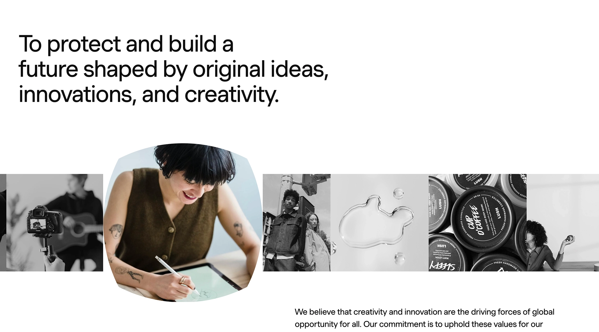 Collage of images including a woman drawing on a tablet, two people standing outdoors, water droplets, stacked cosmetics containers, and a woman sitting at a table holding a cup.