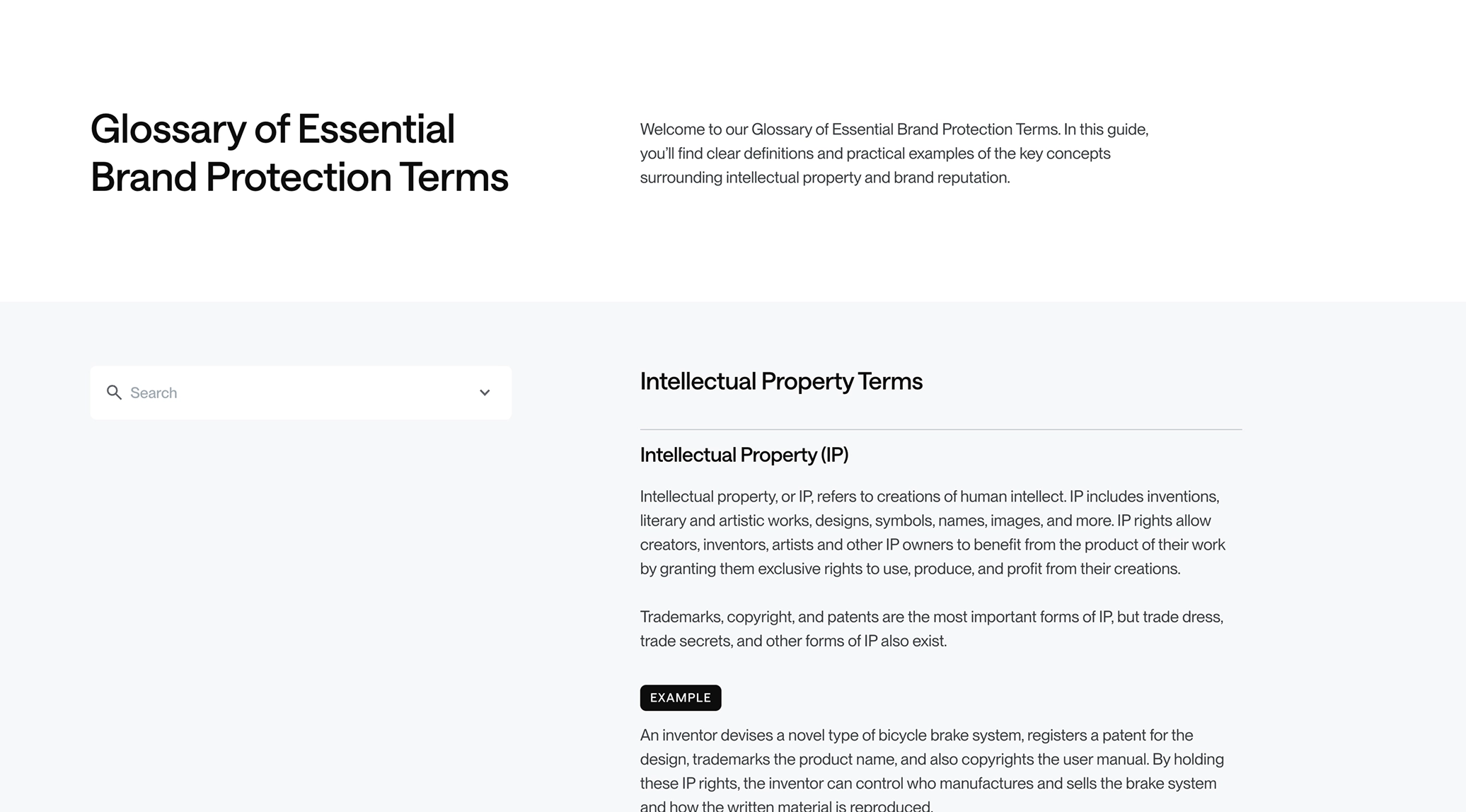 Webpage titled Glossary of Essential Brand Protection Terms, showing a section on Intellectual Property Terms explaining IP rights, examples, and an inventors' bicycle brake system case.