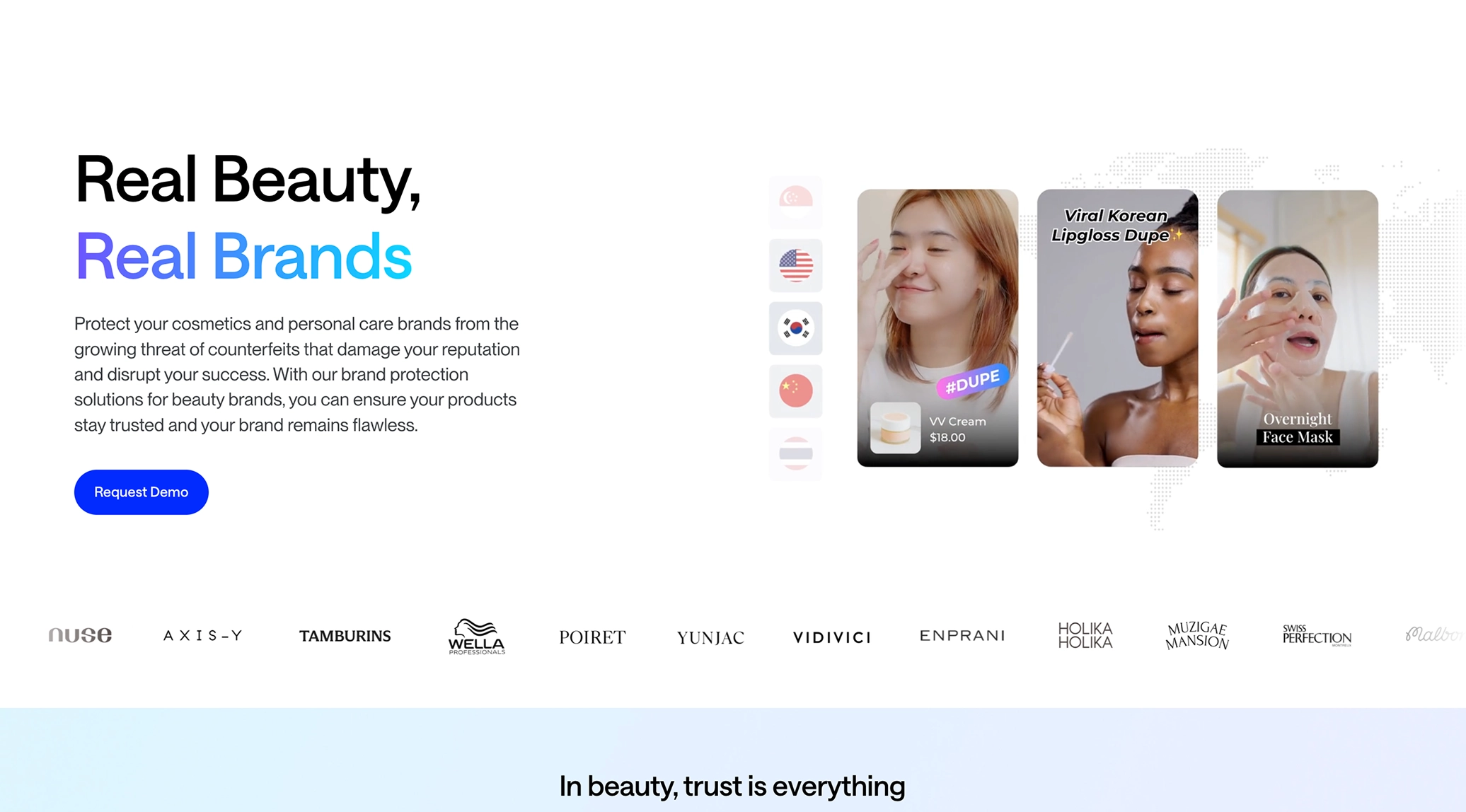 Website banner with text 'Real Beauty, Real Brands' promoting brand protection for cosmetics; images of diverse women applying beauty products; logos of various beauty brands below.